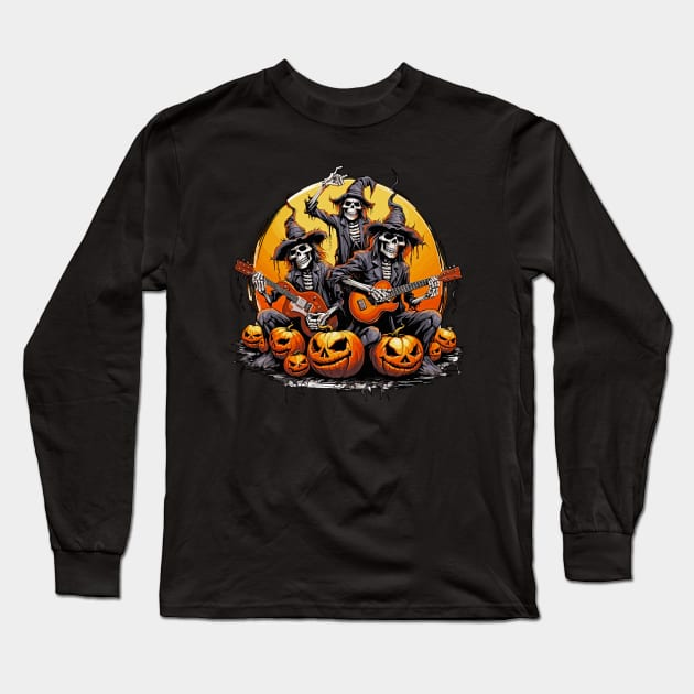 Rockin' Halloween Skeleton Band Long Sleeve T-Shirt by Tees 4 Thee